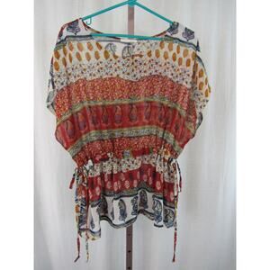 Lush Medium Semi Sheer Multi Print Top Paisley Stripes Adjustable Swim Coverup